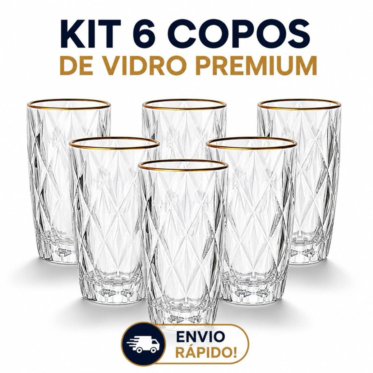 Kit 6 Copos Diamond com Borda Dourada 370ml