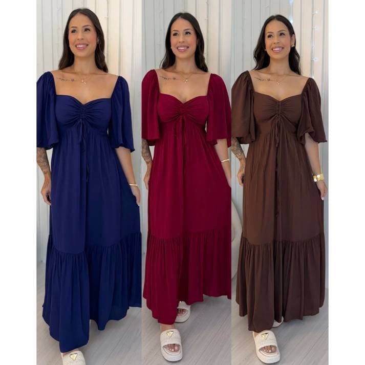 Vestido Longo Feminino Manga Babado em Tecido Duna Decote Ombro a Ombro